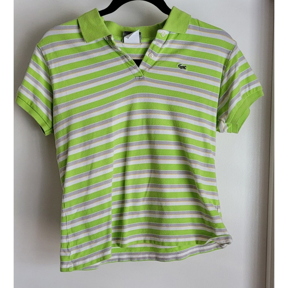 Lacoste Women Polo Shirt Sz 40 US 8 Striped Green White Grey Yellow Preppy Top